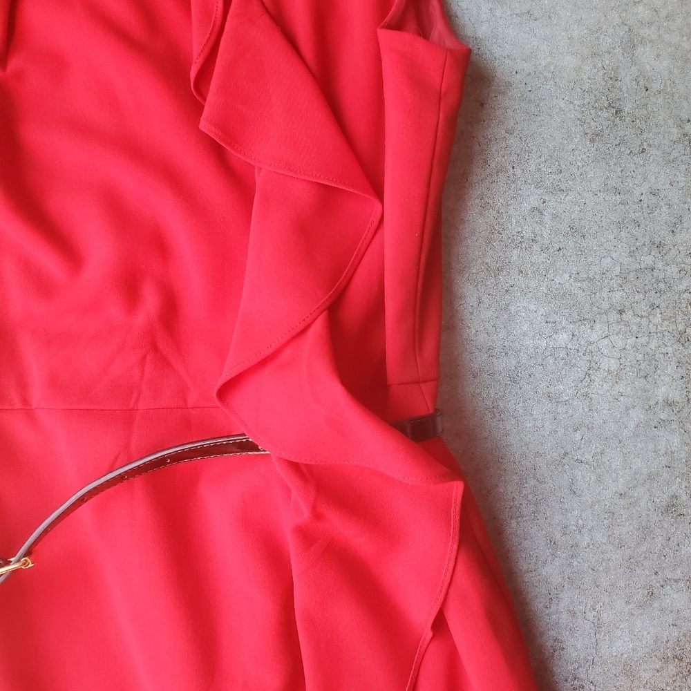 Calvin Klein Red Sheath Dress Slit Ruffle Black Belt Preppy Work Classic Office - Picture 7 of 11